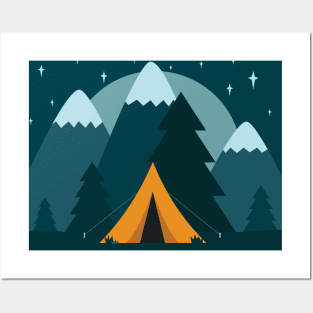 Camping tent in front of mountains with stars Posters and Art